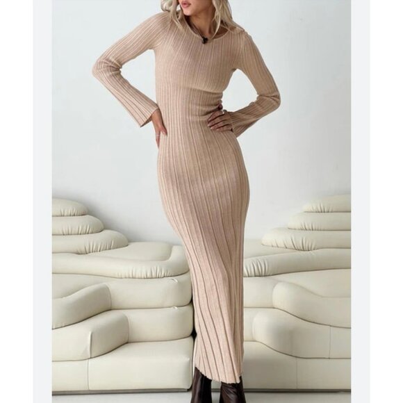 Princess Polly Tesha Long Sleeve Ribbed Knit Maxi Dress Size XS/S Beige Tan - Picture 1 of 10